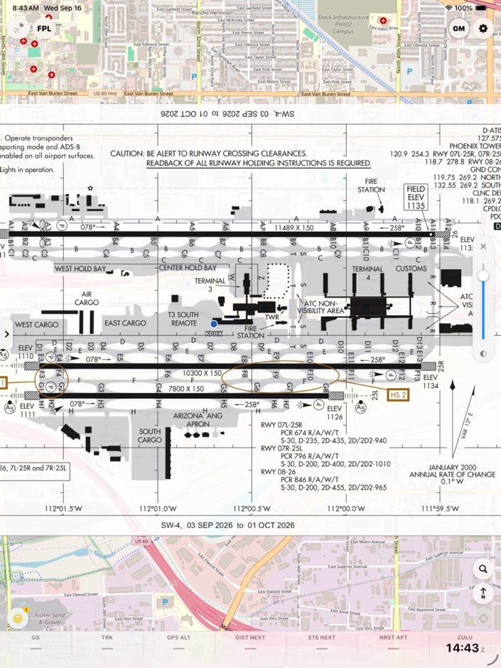 Phoenix Sky Harbor airport diagram georeferenced over the map with ownship position