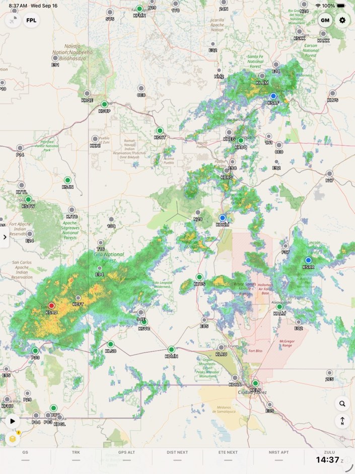 Live weather radar over New Mexico with airports colored by flight category
